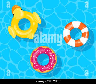 Cartoon Pool Schwimmringe, schwimmende Gummiringe. Sommer Wasserspielzeug im Pool, schwimmende aufblasbare Rettungsschwimmer Vektor Hintergrund Illustration Stock Vektor