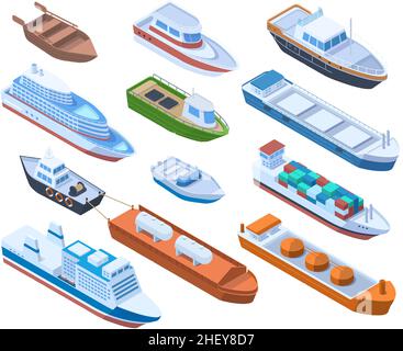 Isometrische Passagier-, Frachtschiffe, Handels- und Segelboote. Wassertransport, Schiff, Kreuzer und Passagierschiffe Vektor-Illustration-Set Stock Vektor