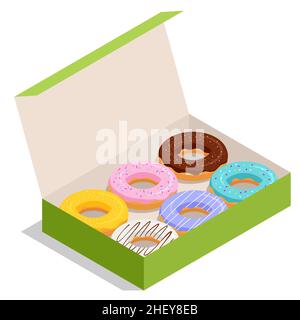 Isometrische Donuts mit mehrfarbiger Glasur in einer Papierbox. Süße Zucker-Puderkernüsse mit verschiedenen Arten, wie Zucker-, Schokolade- oder Ahornverglasung Stock Vektor