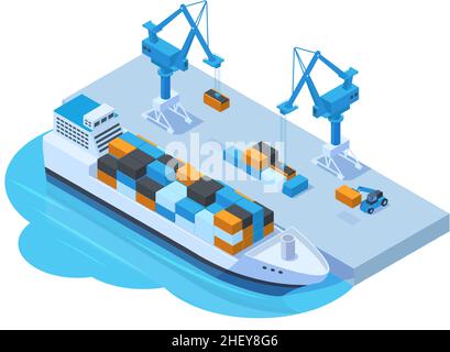 Isometric Seehafen Cargo Service, Frachtschiff Barge, Container und Kran. Marine Wasser Transport Seehafen Konzept Vektor-Illustration. Fracht im Boot Stock Vektor