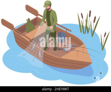 Isometrische Fischer Charakter Angeln im Fluss gebrauchte Angelausrüstung. Fischer fängt Fische mit Angelausrüstung Vektor-Illustration. Fluss oder Stock Vektor