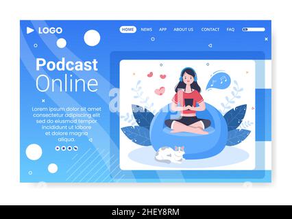 Personen, die Headset für Podcast verwenden Landing Page Template Flat Design Illustration editierbar von quadratischen Hintergrund für Social Media oder Grußkarte Stock Vektor