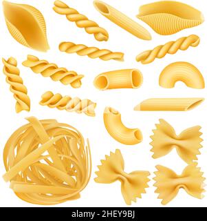 Realistische italienische Pasta, trockene Fettuccine, Farfalle und Penne Pasta. Italienischer roher Makkaroni 3D isolierter Vektor-Illustrationssatz. Verschiedene Nudelformen Stock Vektor