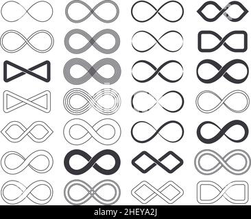 Unendlichkeit Ewigkeit unbegrenzte Symbole, unbegrenzte zyklische Embleme. Skizzieren Sie unendliche Zeichen, unbegrenzte Ewigkeit Schleife Vektor-Symbole gesetzt. Unendlich unendlich Stock Vektor