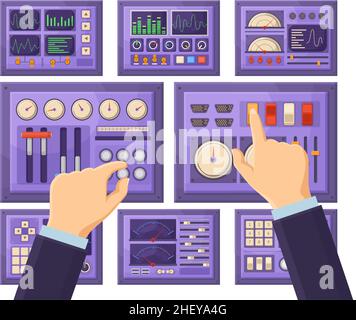 Armaturenbrett-Bedienfeld im Retro-Design mit Bedienerhänden und Anschlüssen für Konsolenanschlüsse. Hände arbeiten mit Bedienfeld Elemente Vektordarstellung. Raumschiff Stock Vektor