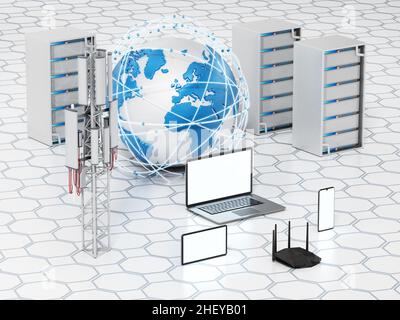 Globales Netzwerk. Intelligente Geräte, Globus, Basisstation, Netzwerkserver und Router. 3D Abbildung. Stockfoto