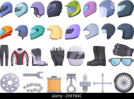 Motorrad-Ausrüstung Symbole Satz Cartoon-Vektor. Helmjacke. Fahrradabdeckung Stock Vektor