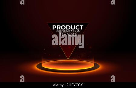 Rot leuchtender Ring auf dem Boden. Kreispodium oder Teleport. Futuristische Standvorlage für pc-Gaming-Zubehör. Red abstrakt Hi-Tech Hintergrund für Stock Vektor