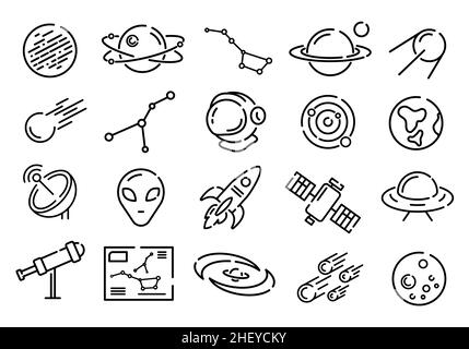 Symbolsatz mit flachen Leerzeichen. Piktogramme für Webdesign. Linienhub. Isolierte Erkennungssymbole auf weißem Hintergrund. Vektor EPS10. Space Rover und et Stockfoto