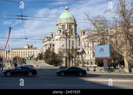 Haus der Nationalversammlung der Republik Serbien, ehemals jugoslawisches Parlament, erbaut 1936 auf dem Nikola Pašić-Platz in Belgrad Stockfoto