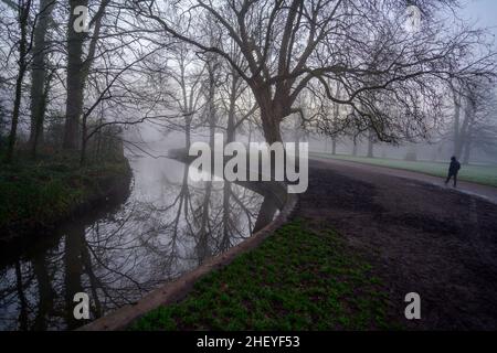 Morden Hall Park, London, Großbritannien. 13. Januar 2022. Starker Nebel vom Fluss Wandle und Nebel vor Sonnenaufgang im Morden Hall Park, einer Oase der Ruhe in einem Vorort im Südwesten Londons. Quelle: Malcolm Park/Alamy Live News. Stockfoto