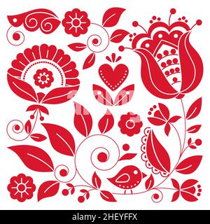 Skandinavische Volkskunst Vektor quadratisches rotes florales Design mit Vogel, inspiriert von traditionellen Stickereien aus Schweden - perfekt für Grußkarten oder Stock Vektor
