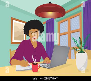 Eine Frau arbeitet von zu Hause aus auf einem Laptop. Eine Frau fängt sich Notizen, während sie von zu Hause aus auf einem Laptop arbeitet. Remote-Job und das Konzept der Freiberufler. Vektor. Stock Vektor