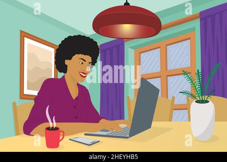 Eine Frau arbeitet von zu Hause aus auf einem Laptop. Remote-Job und das Konzept der Freiberufler. Vektor und Illustration. Stock Vektor