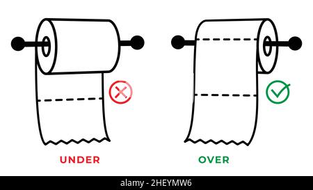 Toilettenpapierrolle in der unter- und Überposition in den Halter. Regel für die korrekte Platzierung von Toilettenartikeln. Vektor und Illustration. Stock Vektor