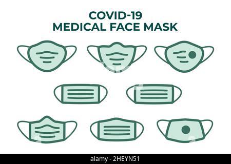 Gesichtsschutzmaske zur Vorbeugung gegen Corona-Virus oder Verschmutzung. Covid-19 Gesichtsmaske Icon Kollektion. Vektor und Illustration. Stock Vektor