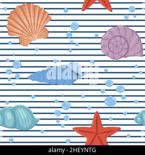 Ein Muster aus Muscheln in verschiedenen Farben auf einem weiß gestreiften Hintergrund Stock Vektor
