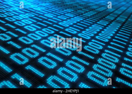 Eine Nahaufnahme eines Binärcodes aus Einsen und Nullen in Blau. 3D Rendern. Stockfoto