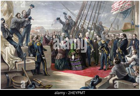 England und Amerika: Der Besuch ihrer Majestät Königin Victoria auf dem arktischen Schiff HMS Resolute am 16th 1856. Dezember, Stich von George Zobel nach William Simpson, 1859 Stockfoto