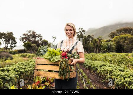 Lächelnde Bäuerin mit einer Schachtel mit frischen Produkten. Junge Bio-Bäuerin, die nach der Ernte von frischem Gemüse aus ihrem G auf die Kamera schaut Stockfoto