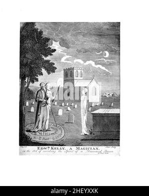 Edward Kelly ein Magier [Sir Edward Kelley oder Kelly, auch bekannt als Edward Talbot (1. August 1555 – 1597/8), war ein englischer Okkultist der Renaissance und selbst erklärtes Geistmedium. Er ist vor allem dafür bekannt, mit John Dee bei seinen magischen Untersuchungen zusammenzuarbeiten. Neben der bekannten Fähigkeit, Geister oder Engel in einem 'Schaustein' oder Spiegel zu beschwören, die John Dee so schätzte, behauptete Kelley auch, das Geheimnis der Umwandlung von unedlen Metallen in Gold zu besitzen, das Ziel der Alchemie, sowie den vermeintlichen Stein des Philosophen selbst]. Aus einer Enzyklopädie des Okkultismus : Ein Kompendium von Informationen über den okkulten Science-Science-Science-Bereich Stockfoto