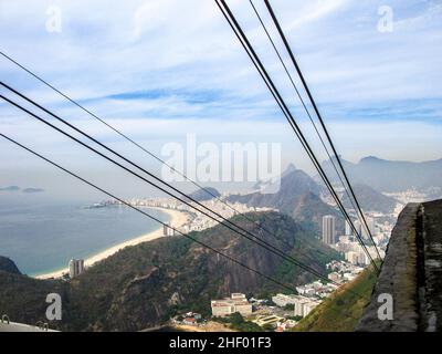 RIO DE JANEIRO, BRASILIEN - 30. JAN 2015: Blick von der Seilbahn auf den Hügel von Corcovado nach rio. Stockfoto