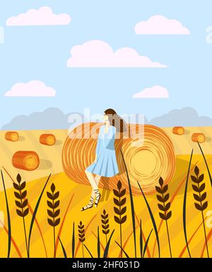 Mädchen im Hintergrund Landschaft mit Heuhaufen auf Feldern. Ländliche Landschaft. Heuballen, eps Stock Vektor