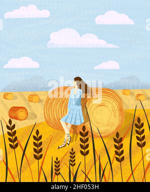 Mädchen im Hintergrund Landschaft mit Heuhaufen auf Feldern. Ländliche Landschaft. Heuballen. Abbildung mit Geräuschen. eps Stock Vektor