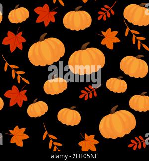 Nahtloses Muster mit handgezeichneten Kürbissen und Blättern. Niedliches Design für Halloween oder dankbaren Tag. Vektor Gemüse Illustration. eps Stock Vektor