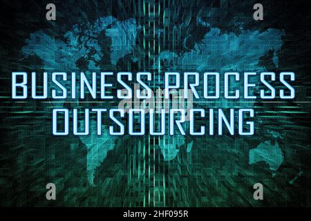 BPO - Business Process Outsourcing - Textkonzept auf grünem digitalen Weltkarte Hintergrund. Stockfoto