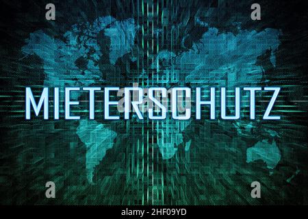 Mieterschutz - deutsches Wort für Mieterschutz - Textkonzept auf grünem digitalen Weltkarte Hintergrund. Stockfoto