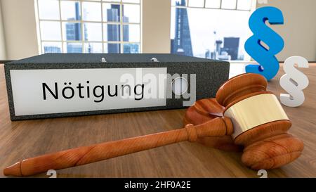 Noetigen - deutsch Wort für Zwang oder Zwang - Text auf Aktenmappe mit Hofhammer und Absatzzeichen auf einem Schreibtisch - 3D Darstellung darstellen. Stockfoto