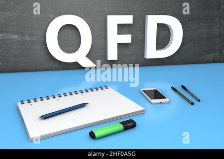 QFD - Quality Function Deployment - Textkonzept mit Tafel, Notizbuch, Stiften und Mobiltelefon. 3D Darstellung rendern. Stockfoto