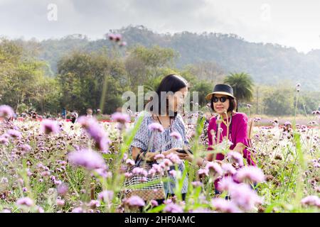 Glückliche Tochter und ihre ältere Mutter mit schönen Lavendelblüten Feld. Stockfoto