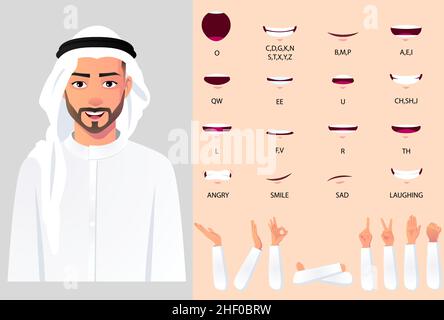 Arabischer Mann Charakter Mund Animation an hatte Gesten für Animation und Lip Sync, Geschäftsmann in weißem Tuch und Turban Stock Vektor