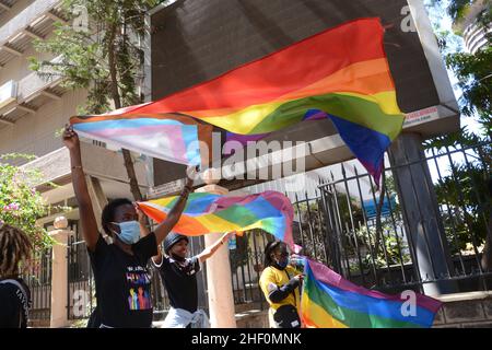 Nairobi, Kenia. 13th Januar 2022. Während eines Protestes werden Demonstranten gesehen, die LGBTQ-Flaggen schwenken.die Queer Republic organisierte einen Protest nach der Bemerkung, dass homosexuelle Studenten vom Bildungsminister Prof. George Magoha in Kenia aus Internaten verboten werden sollten. Kredit: SOPA Images Limited/Alamy Live Nachrichten Stockfoto