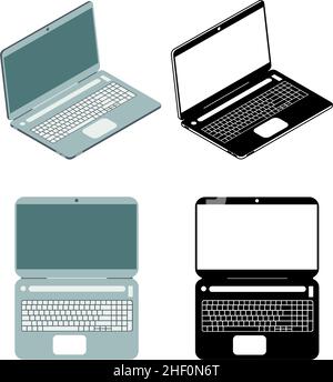 Satz von Illustrationen von Laptops auf weißem Hintergrund. Computerausstattung. Isometrischer Stil und Draufsicht. Vektor-isolierte Illustration Stock Vektor