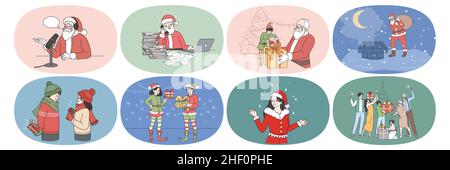 Set von alten Weihnachtsmann und Elfen bereiten Weihnachtsgeschenk für Kinder in den Winterferien. Neujahrsfeier und Geschenkaustausch. Winterurlaub magische festliche Zeit. Flache Vektorgrafik. Stock Vektor