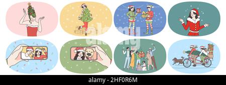 Fröhliche Menschen haben Spaß feiern Neujahr Austausch Geschenke an den Winterferien. Lächelnde Männer und Frauen genießen Weihnachtsfeier Gruß machen Geschenk Überraschung. Flache Vektorgrafik. Stock Vektor