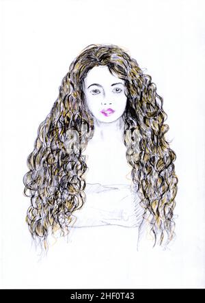 Bleistiftskizze einer attraktiven jungen Frau mit modischer Frisur auf weißem Hintergrund. Stockfoto