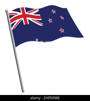 Neuseeländische Flagge fliegend winkend fliessend auf Fahnenmast flache Farben nz Vektor isoliert auf weißem Hintergrund Stock Vektor