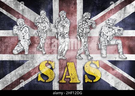Special Forces taktisches Team in Aktion Illustration auf grunge UK Flagge mit SAS Buchstaben, unmarkiertes und nicht erkennbares swat Team, Spezialeinheiten von Unite Stockfoto
