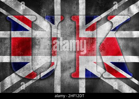 Abbildung des britischen Farbbanners auf der grunge-schwarzen und weißen Flagge, Symbol des Vereinigten Königreichs Stockfoto