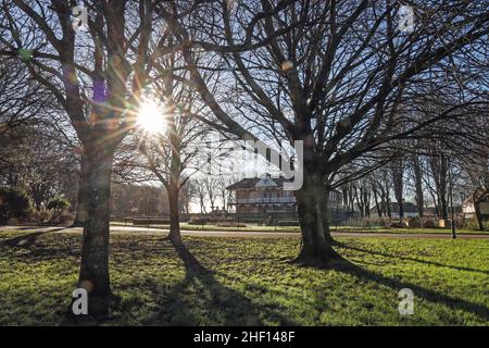 Die Higher Park Lodge im Devonport Park in Plymouth wird oft als Peoples Park (Peoples Park) verwendet. Umgeben von Winterbäumen und einer sternenbewachsenen Sonne. Stockfoto