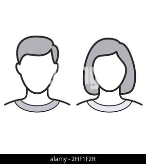 Einfacher Mensch männlich weiblich Mann Frau Kopf mit leeren Gesichtern Umriss Linie Zeichnung Illustration kurze Haare Porträt blank Vektor isoliert auf weißem Backgrou Stock Vektor