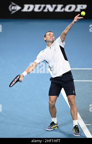 13th. Januar 2022: Ken Rosewall Arena, Sydney Olympic Park, Sydney, Australien; Sydney Tennis Classic, Tag 5: Daniel Evans aus Großbritannien dient Maxime Cressy aus den USA Stockfoto