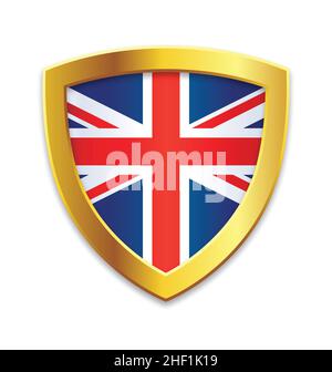 Schildform mit Goldrand mit uk vereinigtes Königreich englisch Großbritannien Union Jack Flag Vektor isoliert auf weißem Hintergrund Stock Vektor