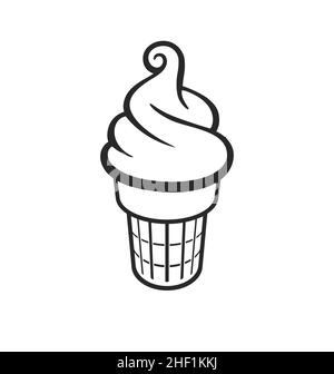 Einfache Spaß Cartoon Soft Serve Eis in Waffel Konus Umriss Symbol Emblem Logo schwarz und weiß Silhouette Vektor auf weißem Hintergrund isoliert Stock Vektor