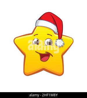 Nette glücklich lächelnd Spaß gelb Cartoon weihnachten xmas Stern Charakter mit weihnachtsmann Hut Vektor auf weißem Hintergrund isoliert Stock Vektor