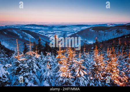 Panoramablick auf die winterliche Berglandschaft am frühen Morgen, Pustevny, Tschechische Republik. Stockfoto